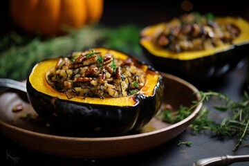 Baked acorn squash filled with wild rice mix