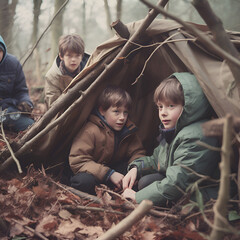 Group of kids in the autumn forest. sitting in a tent.
