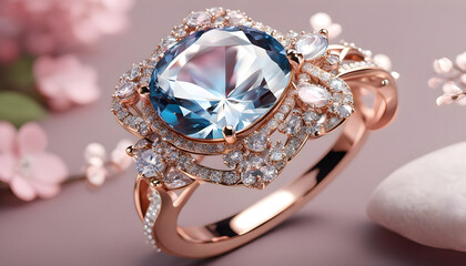 A jewelry design themed ring with gemstones and diamonds in a luxury closeup style
