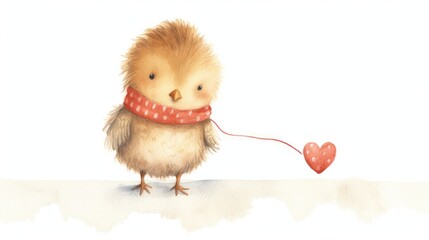  a drawing of a chicken with a red heart on a string attached to it's neck with a polka dot scarf around it's neck.