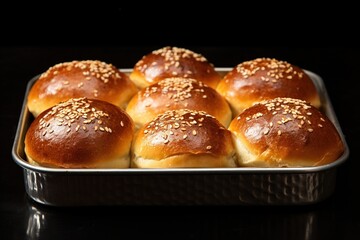 Brioche buns with golden crust on tray