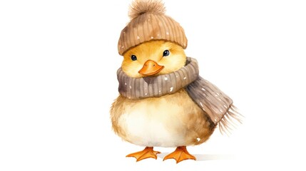 Obraz premium a watercolor painting of a duck wearing a knitted hat, scarf, and scarf around it's neck.