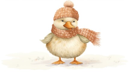  a watercolor drawing of a duck wearing a scarf and a knitted hat with a pom pom on its head.
