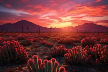 Barrel cactus field, sunset’s warm glow