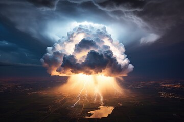 Billowing cumulonimbus igniting with flashes of lightning