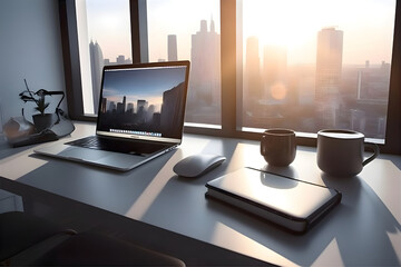 Laptop and coffee cup on table in office with city view. 3d rendering.