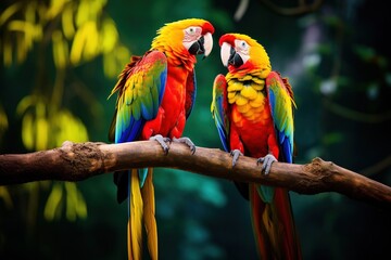 Brightly colored parrots sharing a moment on a branch