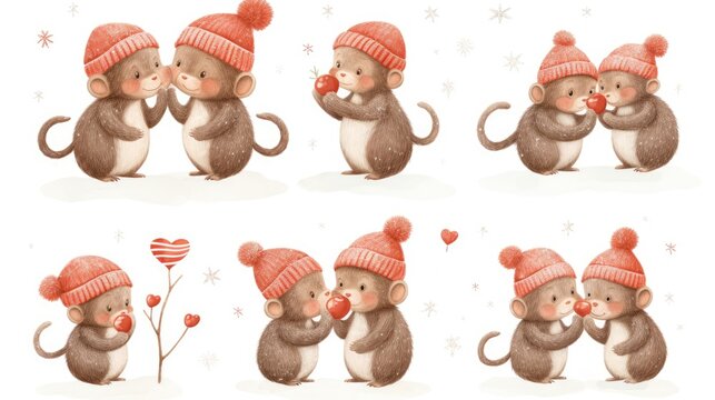  a set of four pictures of a monkey with a heart shaped lollipop in its mouth and a monkey with a heart shaped lollipop in its mouth.