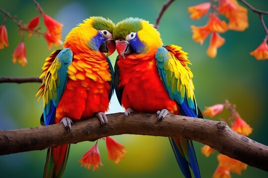 Brightly colored parrots sharing a moment on a branch