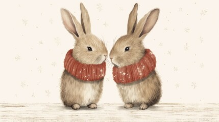  a couple of rabbits sitting next to each other in front of a white wall with snowflakes on it.