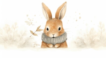  a watercolor painting of a rabbit with a sweater around it's neck and a leaf in its mouth.