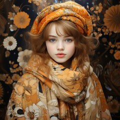 portrait of a woman in autumn, in a floral dress, with an orange scarf, generative ai