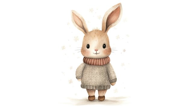  a watercolor painting of a rabbit wearing a sweater with a scarf around its neck and a snowflaked background.