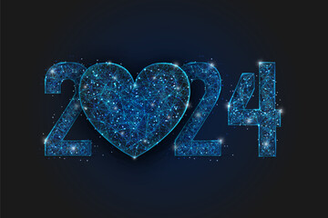 Abstract isolated blue image of new year number 2024. Polygonal low poly wireframe illustration looks like stars in the blask night sky in spase or flying glass shards. Digital web, internet design. © Katsiaryna