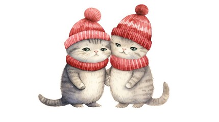  a couple of cats sitting next to each other wearing knitted hats and scarves on top of their heads.