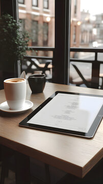 Tablet pc with blank screen and cup of coffee on wooden table in cafe