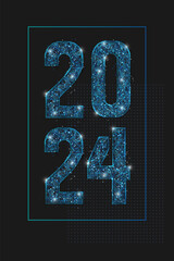 Abstract isolated blue image of new year number 2024. Polygonal low poly wireframe illustration looks like stars in the blask night sky in spase or flying glass shards. Digital web, internet design. © Katsiaryna