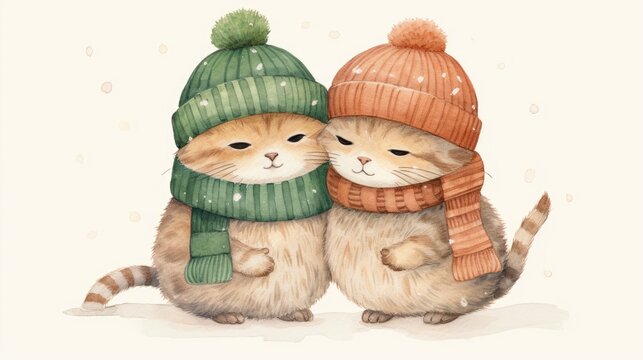  a watercolor painting of two cats wearing hats and scarves, one with a cat's head wrapped around the other's neck.
