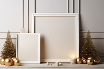 Fototapeta na wymiar Mock up blank frame with christmas decorations.