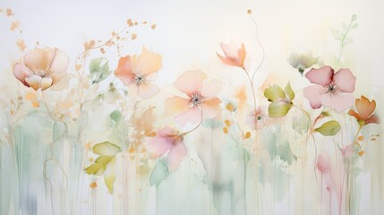  a painting of flowers on a wall with a light green and pink paint drips down the side of the wall.