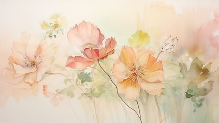  a painting of pink and yellow flowers on a white background with green leaves and flowers in the middle of the painting.