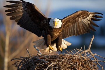 Bald eagle defending its nest from intruders - obrazy, fototapety, plakaty