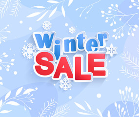 Winter sale banner on floral cold season background. Red advertising text on blue backdrop with snowflakes. Big discounts template design. Promotion for retail, market. Vector Illustration.