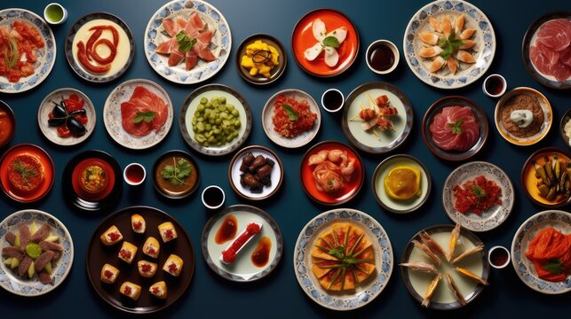  a table topped with lots of plates filled with different types of sushi and other types of appetizers.