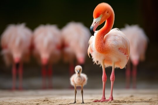 Baby flamingo standing awkwardly amidst adults