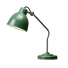 Stylish small green desk lamp with adjustable head, suitable for office or home use. Transparent background png. 