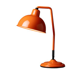 Stylish small orange desk lamp with non adjustable arm and head, suitable for office or home use. Transparent background png. 