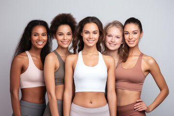 Multiple women in sportswear. Multicultural fitness group. 