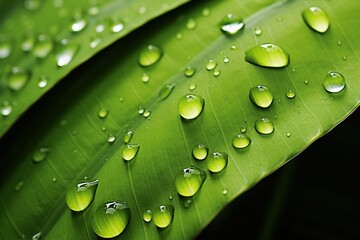 Banana leaf water droplets macro shot