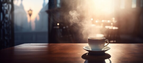 Cup of steaming coffee on a table in the sun