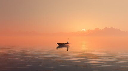  a small boat floating in the middle of a body of water at sunset with the sun setting in the distance.