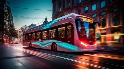 Fototapeten Futuristic bus driving in a city in the evening © Andrey