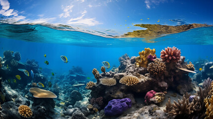 Underwater shot of a vibrant coral reef with a variety of fish.
