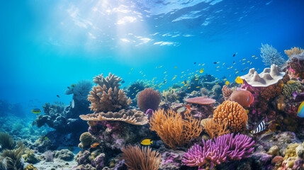 Underwater scene of a coral reef basking in sunlight with a school of fish above.