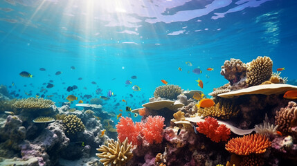 Obraz premium Underwater shot of a coral reef with fishes around it.