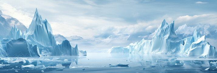 Stark polar scape with towering ice formations background with empty space for text 