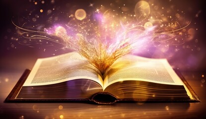 Open book with magic sparkles