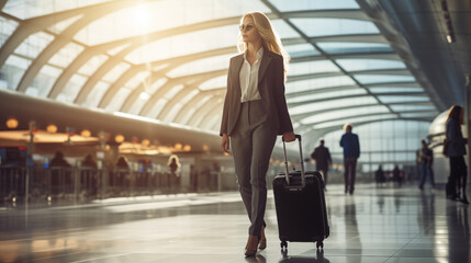 Businesswoman Navigating Airport Terminal with Wheeled Luggage - obrazy, fototapety, plakaty