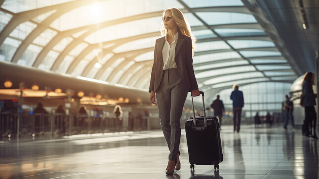 Businesswoman Navigating Airport Terminal with Wheeled Luggage