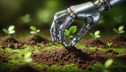 	Robotic hand planting a sapling in soil.