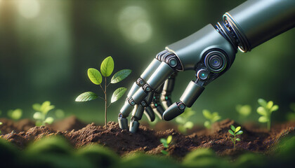 Close-up of a robotic hand nurturing a leaf.