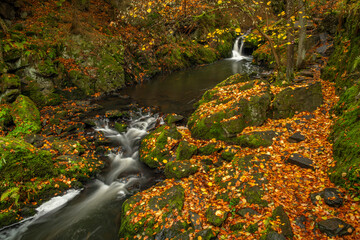 Doubrava river with color rock with moss in autumn day near Bilek village