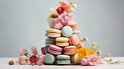 Obraz na płótnie Canvas a tower of macaroons and flowers on a white table with a gray wall in the background and a gray wall in the background.