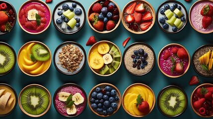  a number of bowls filled with different types of fruits and vegetables on a blue surface with one bowl full of fruit and the other bowl full of different types of fruit. - Powered by Adobe
