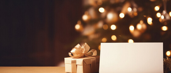 Christmas greeting card and gift box on wooden table in front of christmas tree.