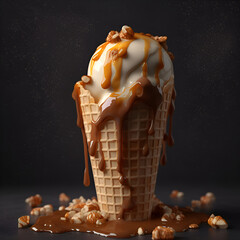 Ice cream in waffle cone with caramel sauce on dark background.